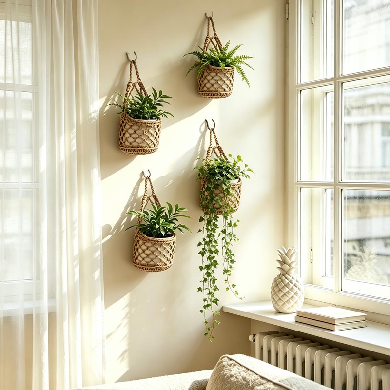 VMEECARL 4-Pack 5-Inch Macrame Wall Plant Hangers, Natural Cotton Hanging