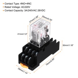sourcing map 1Pcs AC 220V Electromagnetic Power Relay, 14-Pin 3A Power Coil Relay with LED Indicator and Socket Base DPDT 4NO 4NC - MY4NJ for Industrial, Home Appliances and DIN Rail System