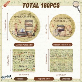 yunhuatdm 180PCS Book Themed Party Decorations, Vintage Book Club Plates and Napkins Set, Disposable Reading Tableware Set for Library Event Book Lover Birthday Party Supplies
