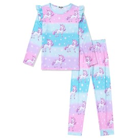 Jxstar - Conjunto de pijama para niñas, manga volada, ropa de noche de algodón para otoño e invierno, Unicorn azul, 10-11 Años