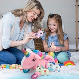 My First Stuffed Plush Playset Unicorn Toy Unicorn Mommy Stuffed with 4 Babies for Kids Boys Girls (pink-white)