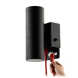 mirrea 12" Modern Outdoor Porch Light Patio Light with Built-in GFCI Outlet 2 Lights in Aluminum Cylinder and Tempered Glass Cover Waterproof Wall Sconce (Matte Black)