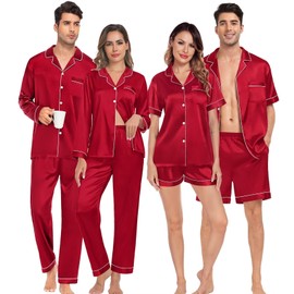 SWOMOG Women & Men 4 Pcs Pajamas Sets Silk Satin Pjs Sets Button-Down Sleepwear Soft Loungewear with Long Pants