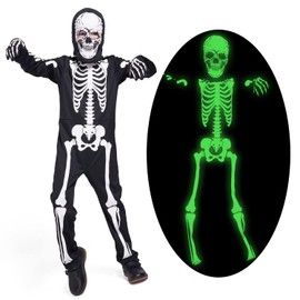 Sincere Party Glow In the Dark Skeleton White Bones Skeleton Costume with Gloves&Hood for Kids 12-13years