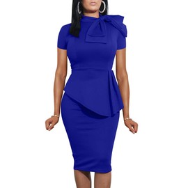 LAGSHIAN Women Fashion Peplum Bodycon Short Sleeve Bow Club Ruffle Pencil Party Dress Royal Blue