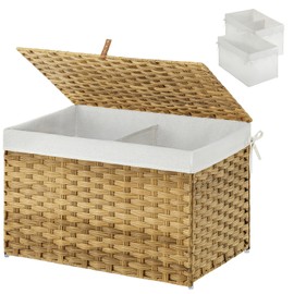 GREENSTELL Storage Basket with Lid, 17.2 Gallon(65L) Small Wicker Blanket Storage Basket with Handles, Foldable, 2 Removable Liner Bags, Metal Frame, for Bedroom, Laundry Room, Natural