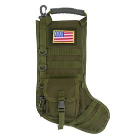 Speed Track Tactical Christmas Stocking, with Flag Patch MOLLE Webbing, Zip Pocket, MOLLE Clips, Gift for Veterans Military Patriotic and Outdoorsy People, Woodland Green