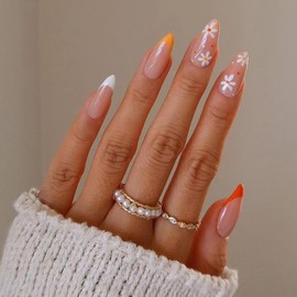 Sethexy Abstract Almond Shape False Nails, French Press On Nails, Swirl Fingernails Pack of 24, Acrylic Nails for Women and Girls