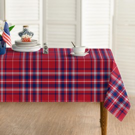 Horaldaily 4th of July Tablecloth 60×104 Inch Rectangular, Buffalo Plaid Red Blue Independence Day Washable Seasonal Table Cover for Party Picnic Dinner Decor