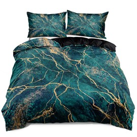 Luowei Marble Bed Linen 135 x 200 cm 3D Golden Green Pattern Bed Linen Set Microfibre Luxury Modern Duvet Cover and 1 Pillowcase 80 x 80 cm with Zip
