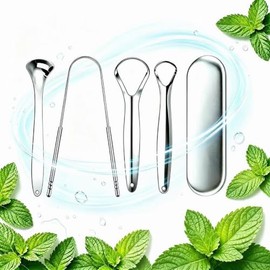 Limpiador de Lengua y Raspador de Lengua – Set de 4 Piezas de Acero Inoxidable con Estuche de Viaje, Tongue Scraper Ergonómico para Niños y Adultos, K