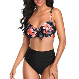 Tempt Me Two Piece Swimsuits High Waisted Bikini Tummy Control Full Coverage Bathing Suits Ruched Tie Knot Swimwear, Black Floral, Large