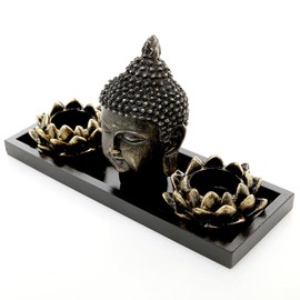 MyGift® Escultura de Cabeza de Buda Que Incluye Bandeja de exhibición Hecha en Madera y portavelas en Forma de Flor de Loto
