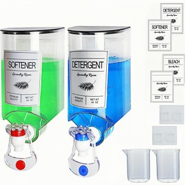 2 PCS Laundry Detergent Dispenser, 44 oz Wall Mounted Laundry Soap Dispenser with Faucet Liquid Detergent Holder for Laundry Room, Fabric Softener Container with Labels Adhesive Hook Measuring Cup