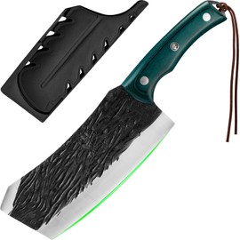 FULLHI Kitchen Knife with Guard, Multi-color Handle Vegetable Cleaver, High Carbon Steel Forged Butcher Knife Full Tang Chef Knife for Outdoor Cooking, Camping BBQ (Green)