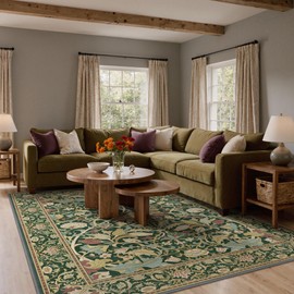 Bavni Washable Rugs 8x10, Vintage Style Large Bedroom Rug Non Slip, Low Pile Lightweight Thin Living Room Dining Room, Aesthetic Floral Pattern Print Home Decor Emerald Green Thin Area Rug