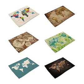 HACASO Set of 6 Vintage Style The World Map Pattern Dining Table Mats Cotton Linen Placemats(1)