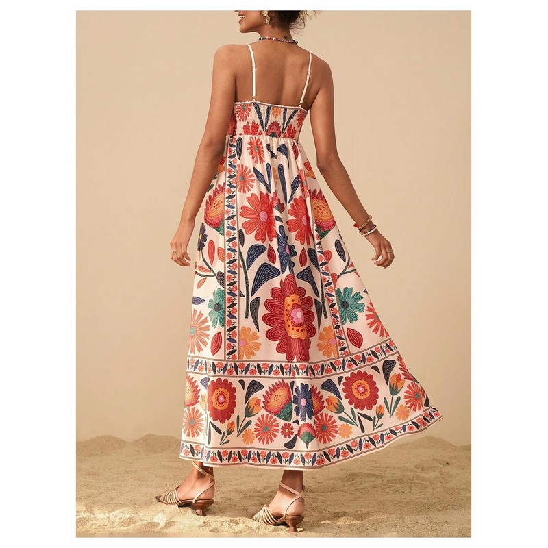 Floerns Women's Spaghetti Strap Tropical Dress Shirred Vacation Cami Maxi