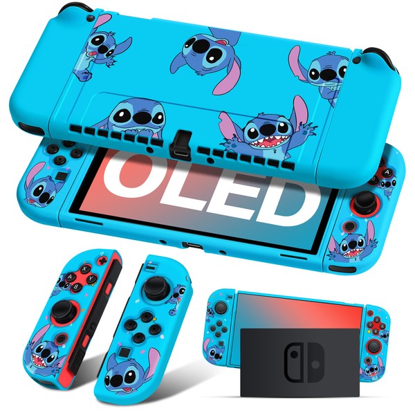 Koecya for Nintendo Switch OLED Case Cute Cartoon Character Design Cases Kawaii Fun Funny Fashion Hard Slim Protective Shell Cover Dockable Joycon for Kids Boys Teens Girls for Switch 2021 Blue