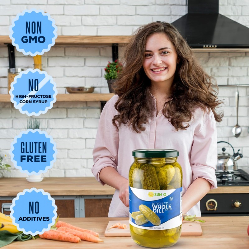 Sun Q Kosher Whole Dill Pickles, 34fl oz | Crisp,