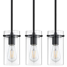 3 Pack 1 Light Indoor Mini Hanging Kitchen Island Modern Industrial Rod Pendant Ceiling Light Fixture,Black Finish Clear Glass Chandelier Shade for Bar Dining Room Over Sink