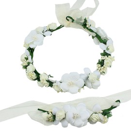 AiSi Flower Wreath with Bracelet, Wrist Band Headband Hair Wreath Flowers Crown Boho Style for Festival Wedding Bride Bridesmaid Party (White)