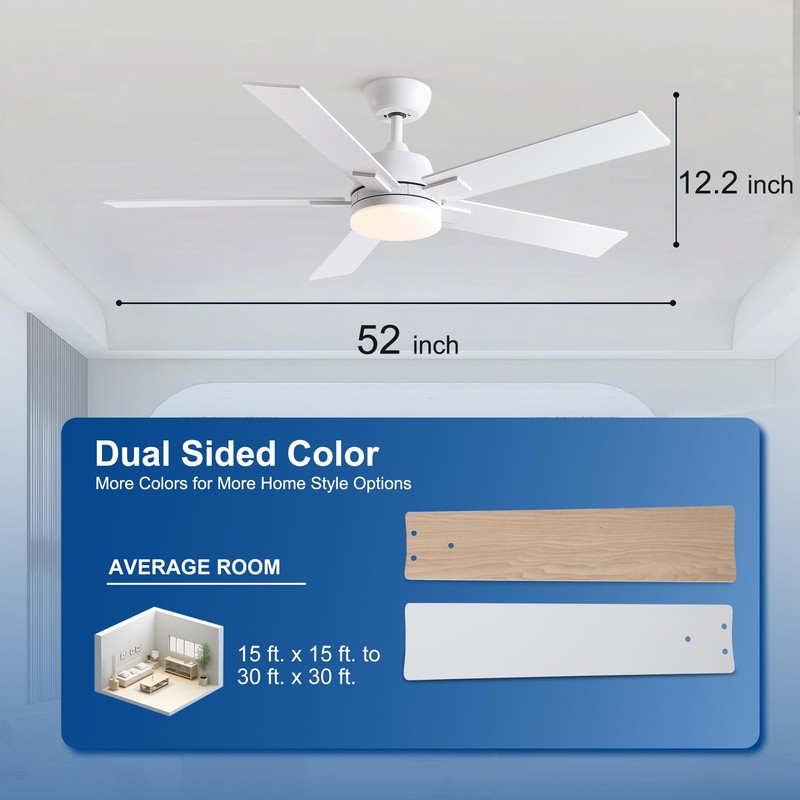 Rayqueen 52 Inch Ceiling Fans with Lights and Remote,White Ceiling