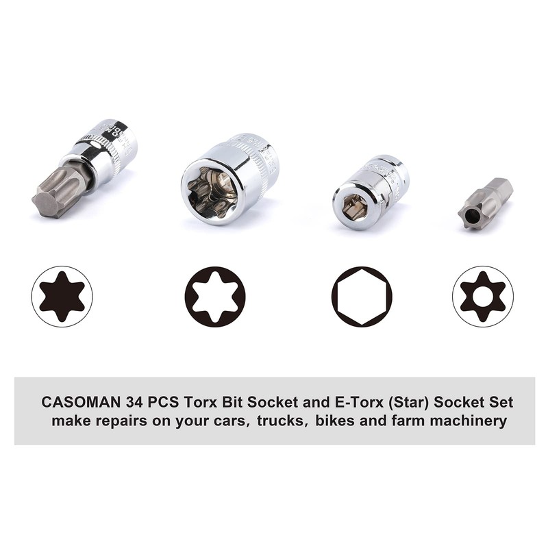 CASOMAN 34 Pieces 3/8-Inch Drive Torx Bit Socket and E-Torx