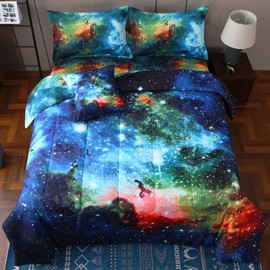JQinHome Full Galaxy Comforter Sets 6 Piece Bed in A Bag, Outer Space Themed Bedding for Children Boy Girl Teen Kids,1 Comforter, 1 Flat Sheet, 1 Fitted Sheet, 2 Pillowshams, 1 Cushion Cover(Blue)