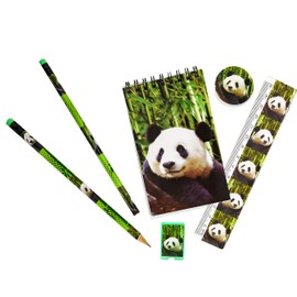 Deluxebase Wild Stationery Set - Panda. These fun school supplies sets include 2 pencils, an eraser, a pencil sharpener, a ruler and a notebook, stationery set