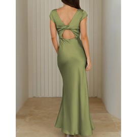 Halfisland Womens Summer Satin V Neck Cap Sleeve Backless Maxi Dress Elegant Twist Cut Out Midi Dresses Wedding Guest Olive