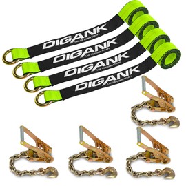 Digank Heavy Duty Car Tie Down Straps (4PK) - 2" x 96" - 3,300 lbs Safe Working Load - Wheel Straps Comes with 5/16" Tow Hooks (Green)