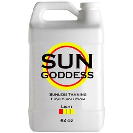SUN GODDESS – LIGHT - Spray Tan Solution - 64 oz - Sunless Self Tanning Liquid for Airbrush or HVLP System + INCLUDES: Applicator Mitt, Application Gloves and Best Fake Tanner Lotion Mousse Sample