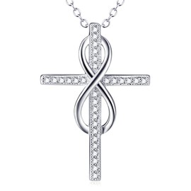 BVELA S925 Sterling Silver CZ Infinity Cross Necklace for Women Christian Birthday Baptism Gift