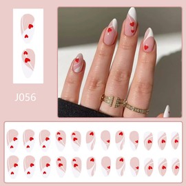 White French tips Press on Nails Medium Almond Fake Nails with Red Heart Design Curve Line Glue on Nails Glossy False Nails Reusable Valentine’s Day Nails for Women Girls Manicure 24pcs