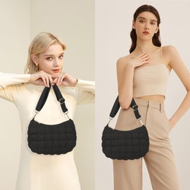 WOVTATOO Small Puffer Purse for Women Crescent Quilted Puffer Bag Shoulder Bag Hobo Handbag Black