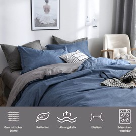 Boqingzhu Reversible Bedding, 2-Piece Plain Soft Microfibre Bed Linen Set, Blue/Grey Anthracite, Duvet Cover with Zip 135 x 200 cm + Pillowcase 80 x 80 cm