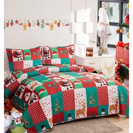 CHESITY Christmas Bedding Queen Size Christmas Reindeer Quilt Sets, Lightweight Holiday Full Quilt Home Winter Bedspread Coverlet Red Green Plaid Patchwork Quilt Santa Claus Snowflake (90"x90")