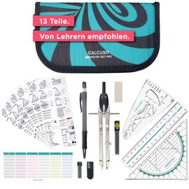 CALCUSO Geometry Set Pro in Turquoise Pencil Case with Compass and Set Square - Perfect Mathematics Set for School, Office, University and Drawings - Ideal as a Geometry Set for Secondary School