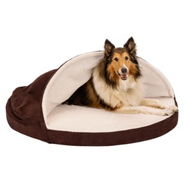 Furhaven 44" Round Cooling Gel Dog Bed for Large Dogs w/ Removable Washable Cover, For Dogs Up to 80 lbs - Sherpa & Suede Snuggery - Espresso, 44-inch