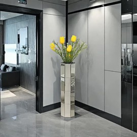 28" Tall Floor Vase, Mirror Silver Large Flower Vases for Home Decor, Mirrored Glass Decorative Modern Vase for Living Room,Office,Centerpiece (Silver Octagon:7.1''L X 7.1''W X 28''H)