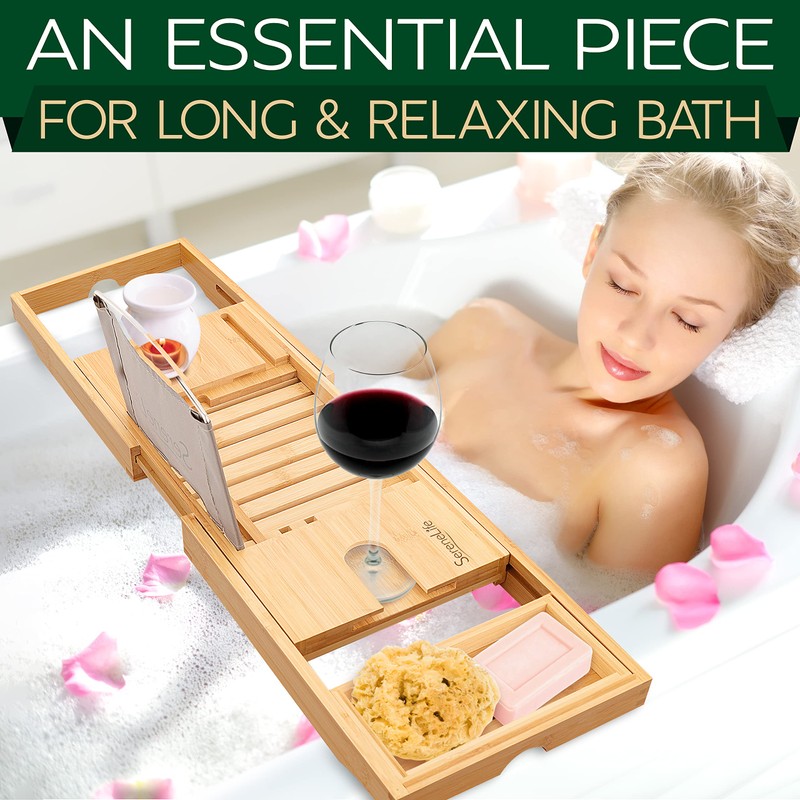 SereneLife Luxury Bamboo Bathtub Caddy Tray - Adjustable Natural Wood