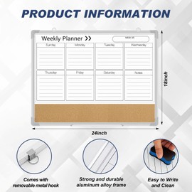 Lincia 24 x 18 Inches White Board Weekly Calendar Dry Erase 2-in-1 Whiteboard Cork Board Combo Weekly Planner Whiteboard Wall Magnetic for Wall Aluminum Frame Calendar Home Office Project