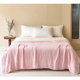 SANACYNA Muslin Blankets 100% Cotton 6-Layer Gauze Gray Grid Bed Blanket Lightweight Soft and Breathable King Blanket for Sofa Bed Coverlet Both Sides (Pink, King 90" X 104")