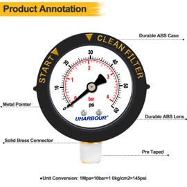 UHARBOUR 60psi Pool Filter Pressure Gauge, 2" Dial with Protection Case and 1/4" NPT Center Bottom Mount, Pool Pressure Gauge for Swimming Pool Filter