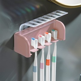5 Slots Toothbrush Holder Wall Mount with Cover, Self Adhesive Toothbrushes Storage Organizer Perfect for Dorm Bathrooms and Shower, Holds 5 Toothbrushes. (Pink)