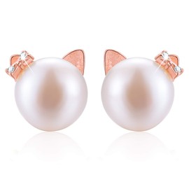 Esberry 18 Karat Gold-Plated 925 Sterling Silver Cat Stud Earrings, Natural Freshwater White Pearl Earrings, Cute Cat Hypoallergenic Earrings for Women and Girls, Rose Gold 1