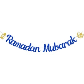 Muslim Festival Party Decoration, Umrah Mubarak Banner for Islamic Muslim, Ramadan Mubarak Banner, Ramadan Decorations for Home Blue Glitter