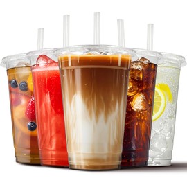Ginkgo 100-Pack 20oz Clear Plastic Iced Coffee Cups with Lids and Straws - Leak Proof, Food Safe, Disposable To Go Cups for Smoothies, Milkshake, Cold Beverages and Coffee Bars