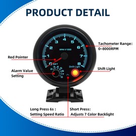 MH 3.75" 95mm Tachometer 0-8000 Large RPM Gauge 7 Color Car AUTO Tacho Shift Light with Dashboard Pod (Black)
